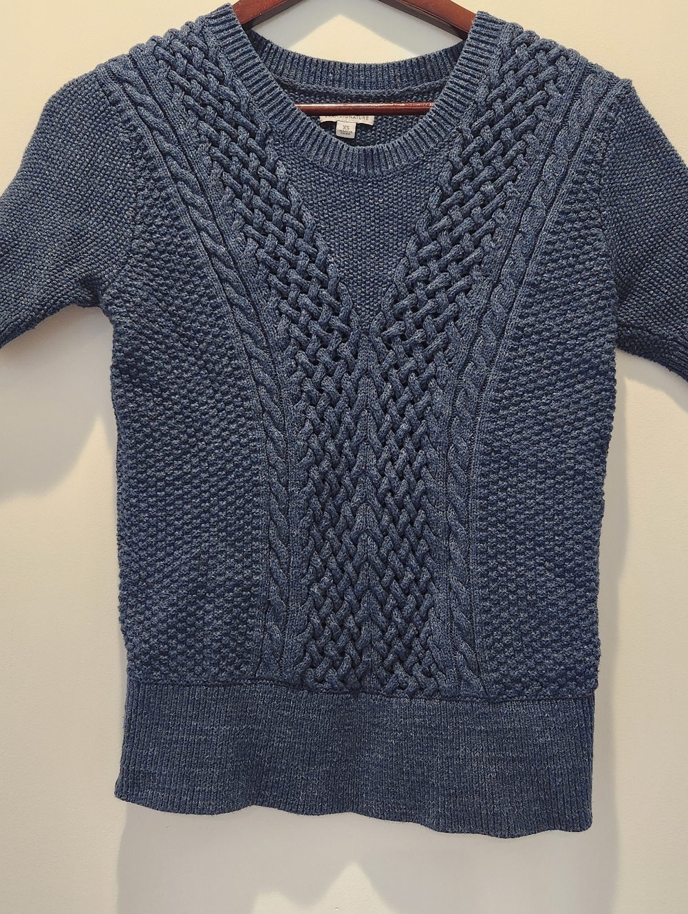 L.L. Bean Signature Fisherman Short Sleeve Women's Blue Cable Knit Sweater